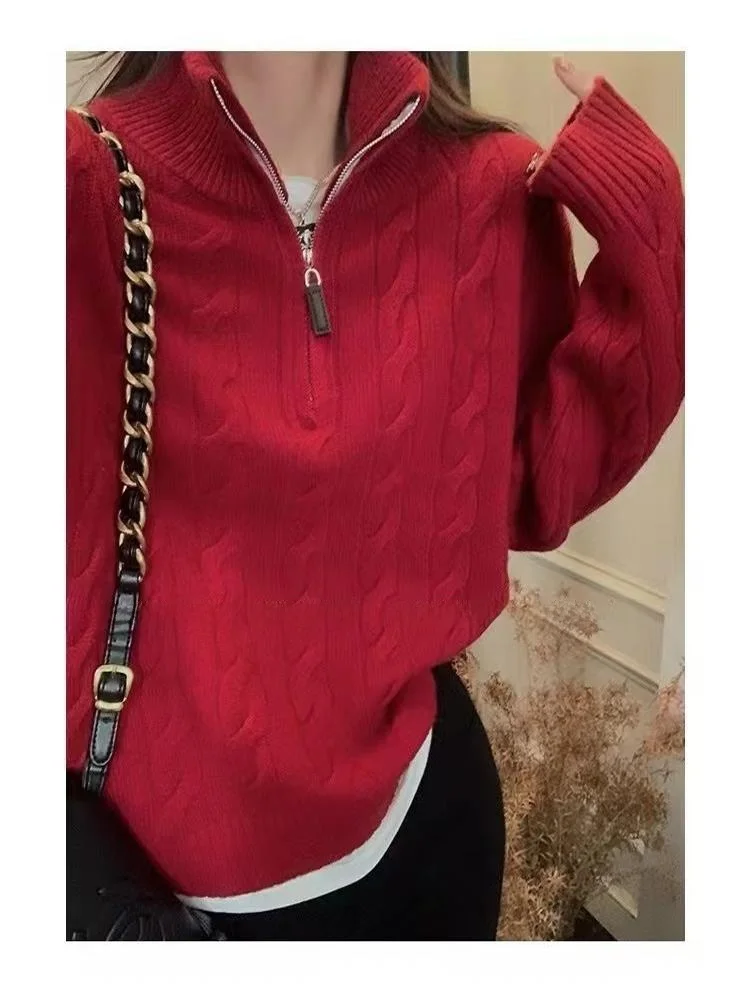Winter Thickened Stand Collar Lapel Zip-up Half-Height Twist Knit sweater Women Twisted Flower Angora Base Loose European and... |