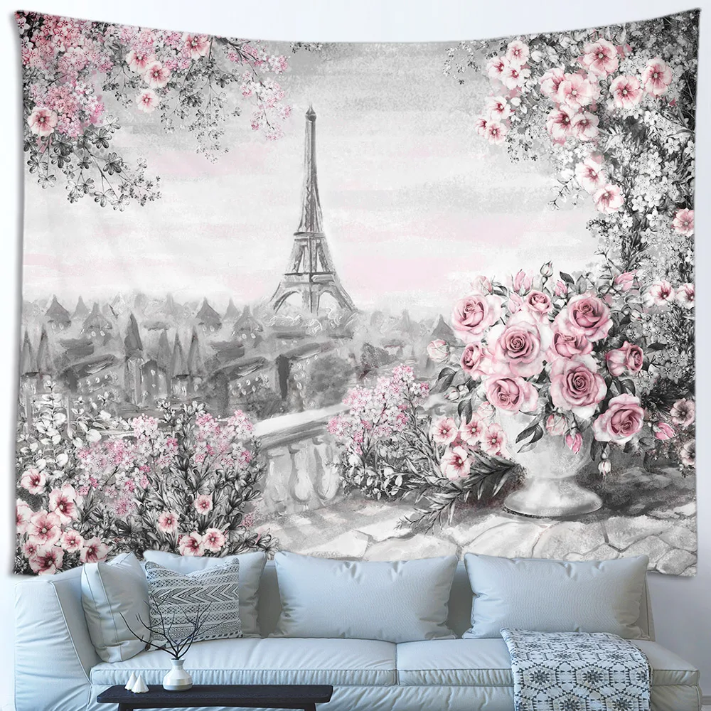 Винтажный гобелен в стиле Парижской башни черно-белый архитектурный красный