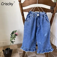 criscky girls wide legged jeans spring and autumn children loose straight soft denim pants chubby kid ruffles jeans
