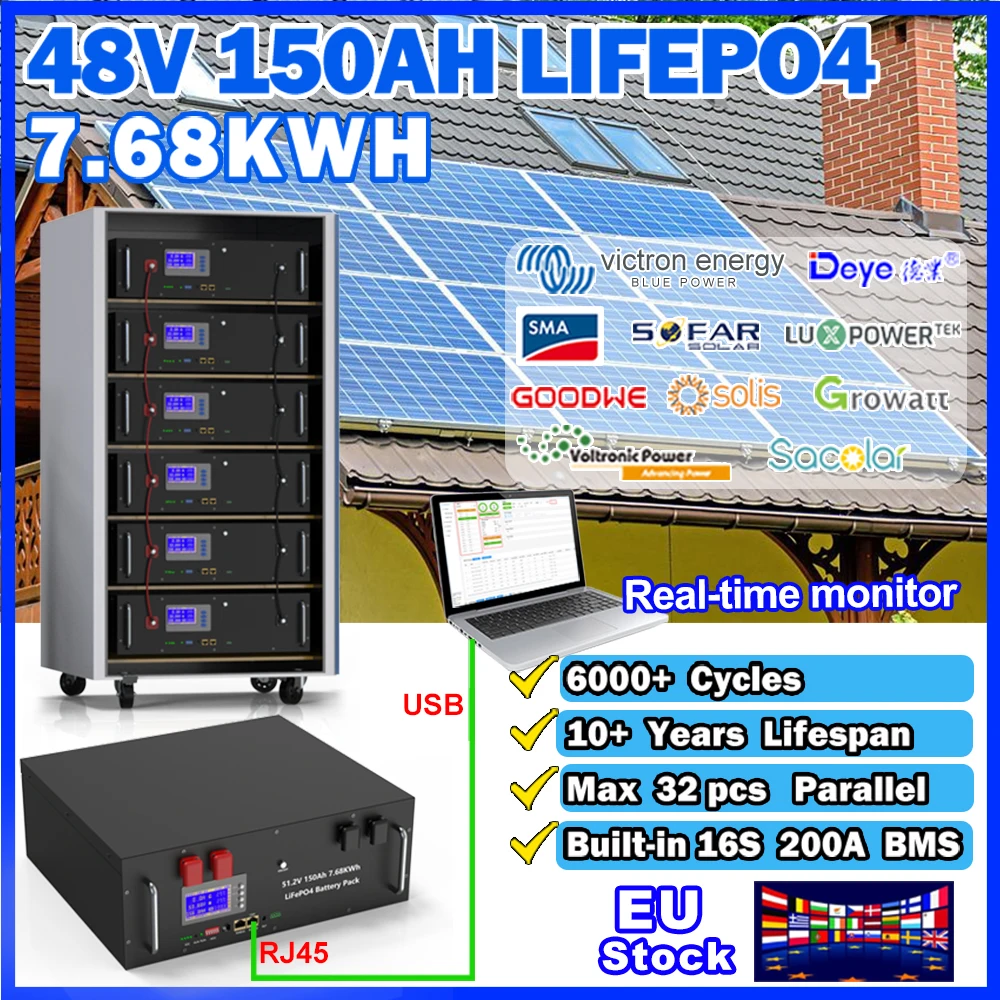 Аккумулятор LiFePO4 48 В, 51,2 Ач, 6000 Ач, 16 с, в, кВтч, а, BMS с RS485 CAN, + циклов, макс. 32 цикла, параллельно