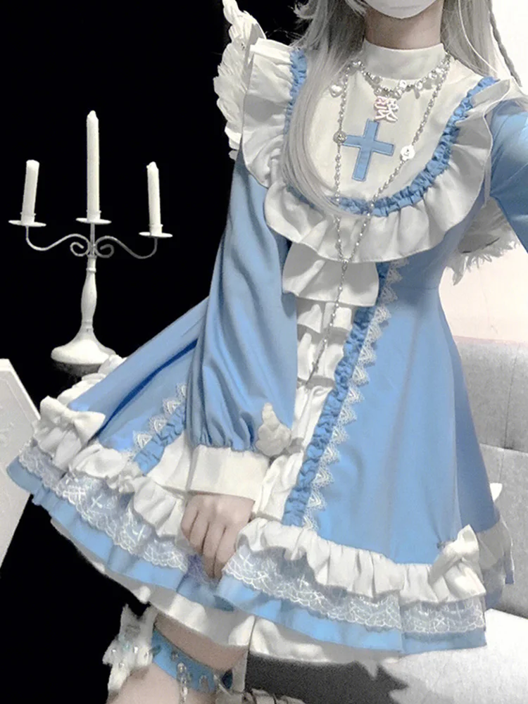 

New Original Japanese Harajuku Cross Dress Hot Girl Fashion Temperament Lolita Sweet Kawaii Splicing Blue Dress
