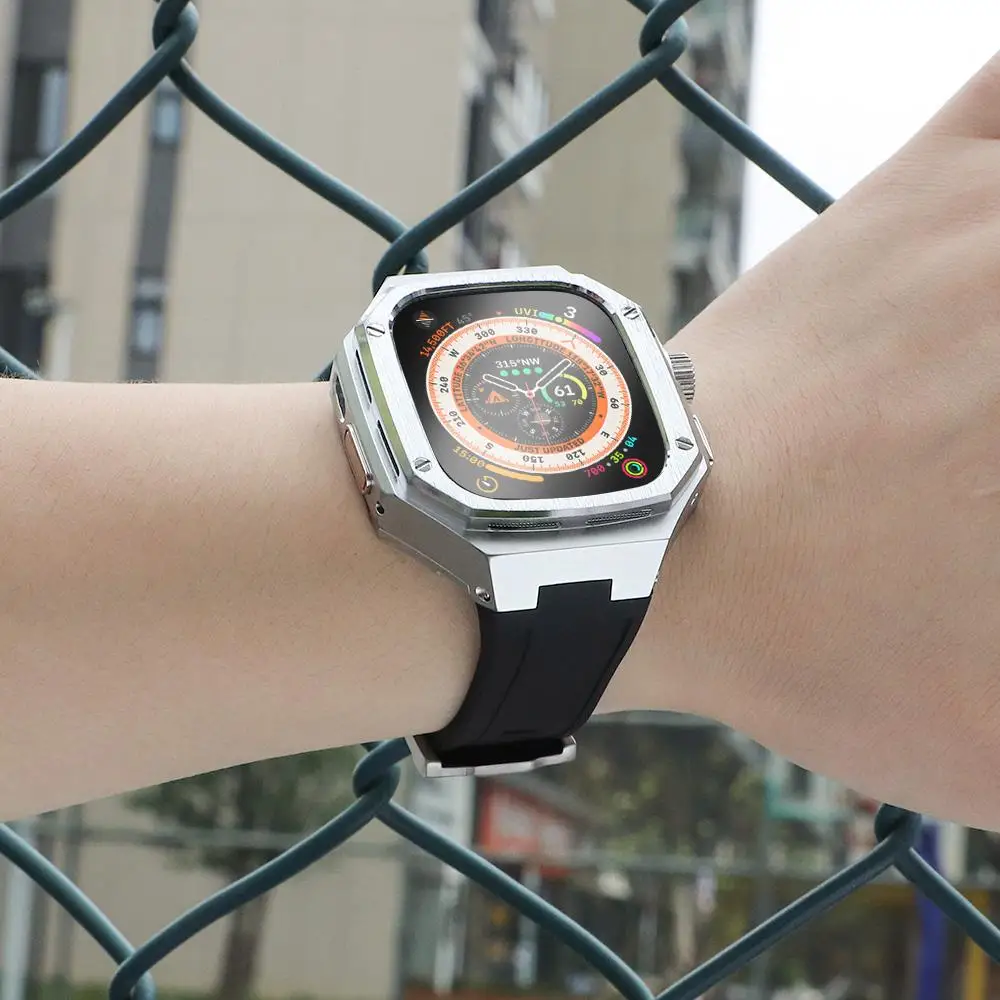 Mod Set Steel Case Strap For Apple Watch Ultra 8 7 6 5 4 49mm 45mm 41mm Rubber Sport Band Metal Modification Kit Glass Protector