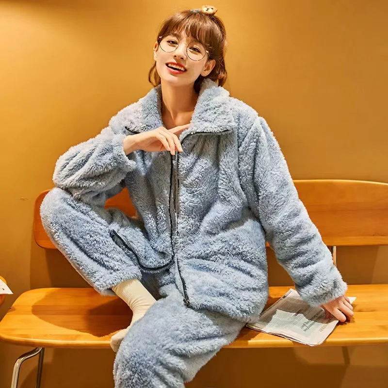 Women Winter Flannel Pajama Set Thick Warm Plus Size 2 Piece/Set Pyjamas Coral Fleece Long Sleeve Trousers Home Clothing Female