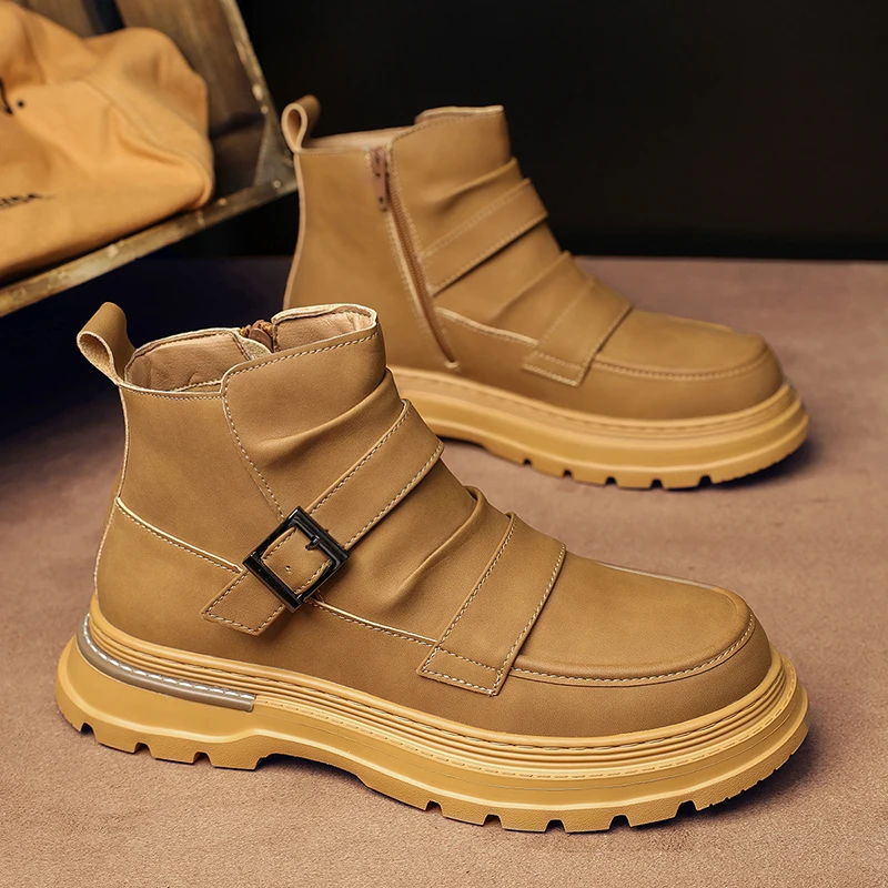 

Мужские кожаные ботинки с высоким берцем, модные мотоциклетные военные ботинки до щиколотки, мужская обувь без застежек на осень и зиму