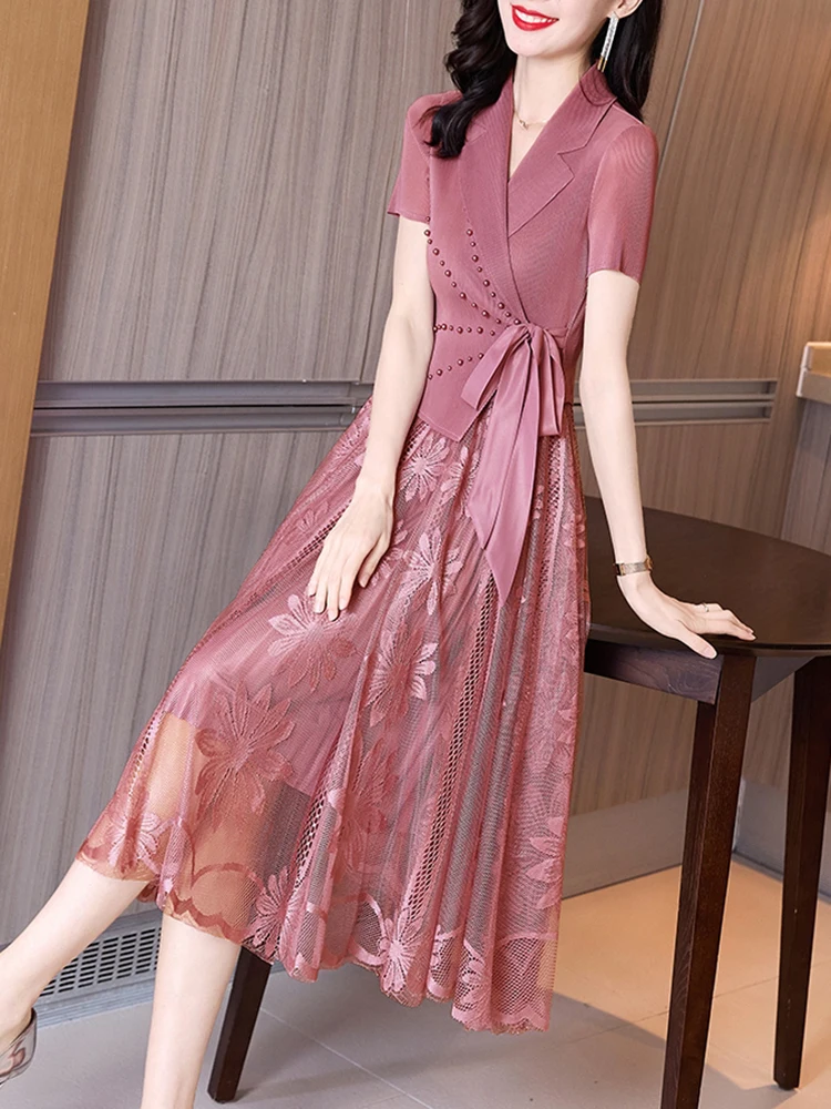 Летнее розовое Сетчатое ажурное платье средней длины в стиле пэчворк летнее