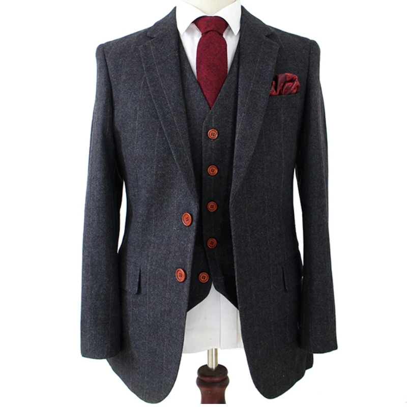 

Dark Grey Herringbone Tweed Slim Fit Wedding Suits For Men Retro Gentleman Style Custom Made Mens 3 Piece Jacket Pants Vest