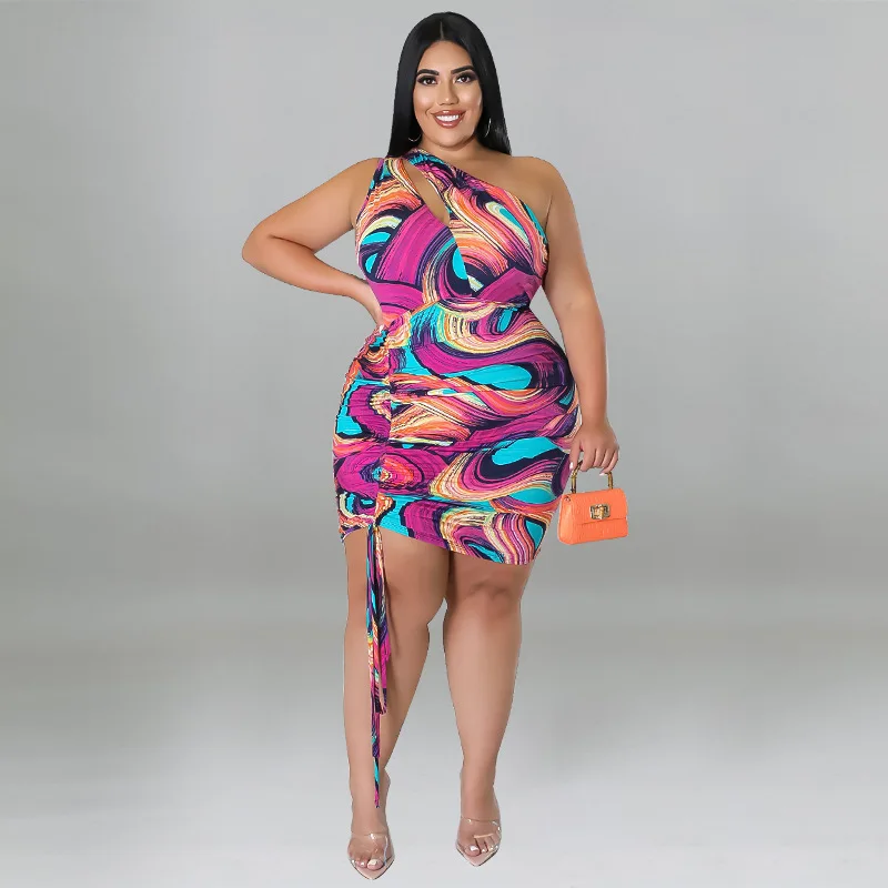 Plus Size Women's Clothing 2022 Summer Printing One-shoulder Sleeve Sexy Drawstring Bag Hip Ladies Dress XL-5XL Oversized