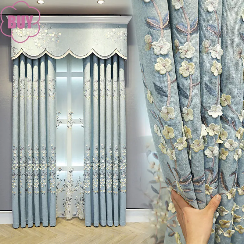 

European-style Curtains for Living Dining Room Bedroom Embossed Fresh Gray Blue Chenille Valance Curtain Tulle French Window