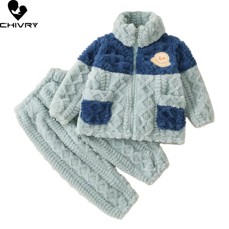 New Kids Flannel Pajama Sets Autumn Winter Boys Girls Thicken Warm Zipper Lapel Tops with Pants Baby Pyjamas Sleepwear Clothing
