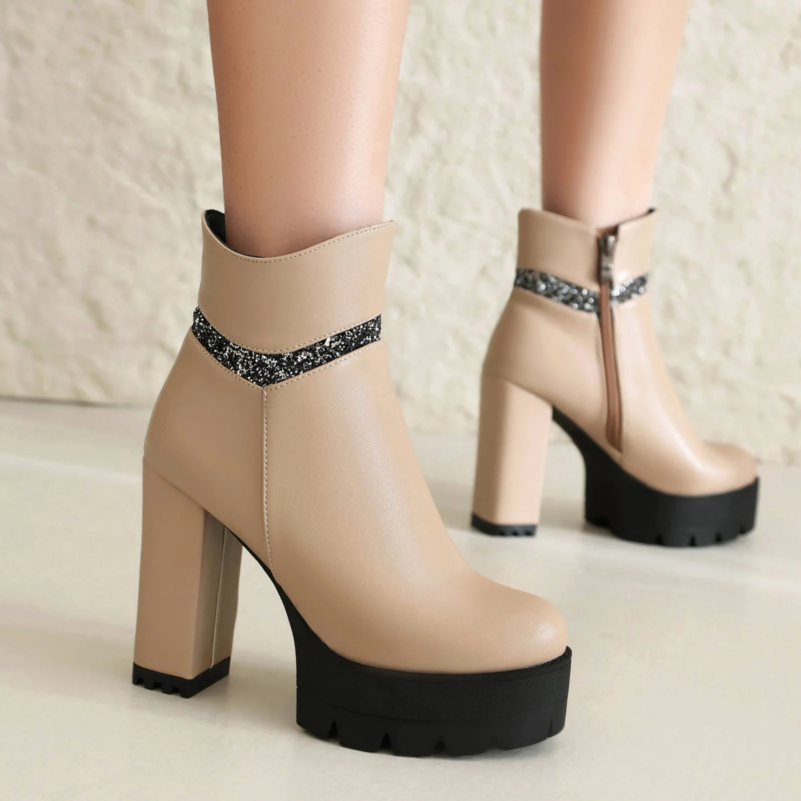 2024 искусственная кожа блестящая ткань Сращивание ультравысокий толстый каблук