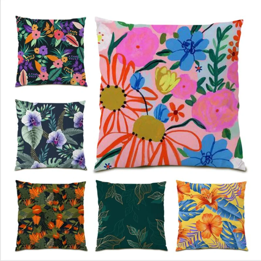 

Tropical Flowers Cushion Cover 45x45 Living Room Decoration Square Floral Printed Flocking Velvet Pillow Case Leaf Nordic E0739