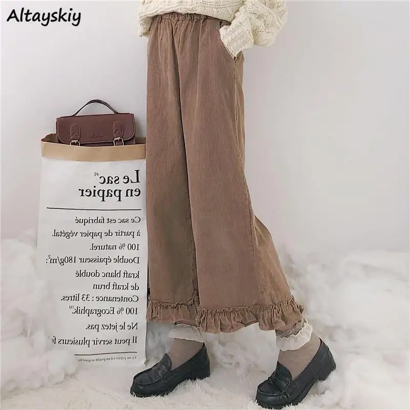 

Casual Pants Women Japanese Style Corduroy Sweet Loose Elastic Waist Ankle-length Edible Tree Fungus All-match Solid Preppy