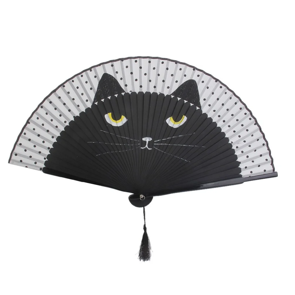 Summer Cat Silk Bamboo Hand Painted Cartoon Cat Folding Fan Party Favour (Black)