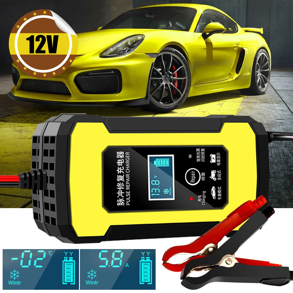 Car Battery Charger 12V/6A Automatic Pulse Battery Repair With LCD Display For 2Ah-100Ah Lead-Acid AGM Gel SLA Auto Motorcycle