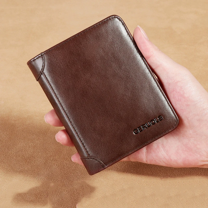 Men's Wallets RFID Genuine Leather Trifold Short Wallets For Man with ID Window Vintage Thin Credit Card Holder Purse Money Bag