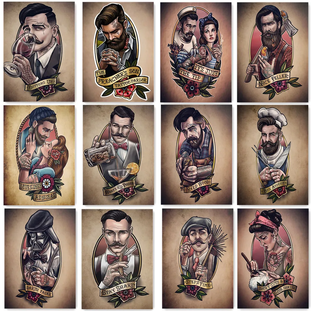 

Traditional Old School Tattoo Art Posters and Prints Vintage Wall Art Painting Wall Stickers Barber Shop Wall Decoration Drawing