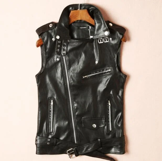 

New Men's Fashion sleeveless PU vest male tide punk diagonal zipper leather vests lapel waistcoat motorcycle Men Coat