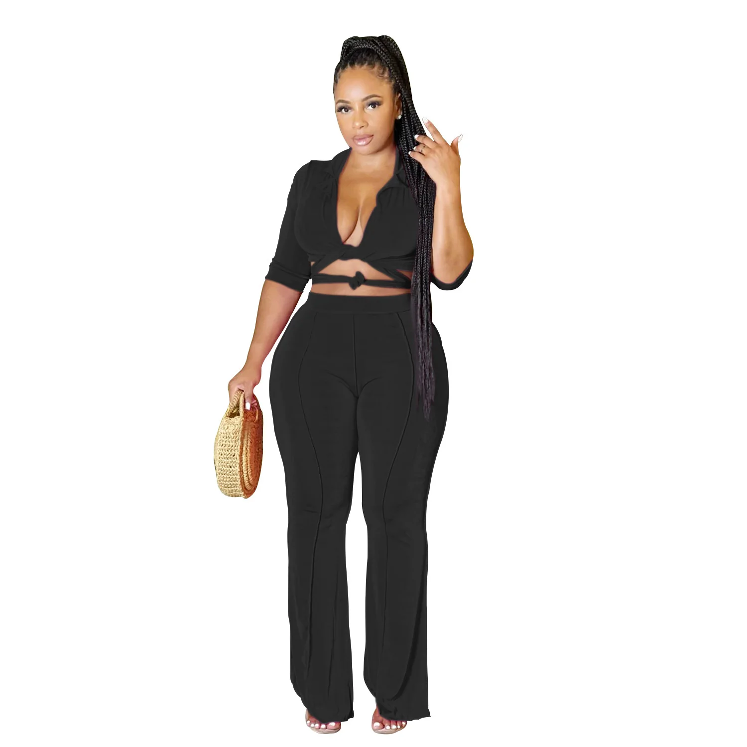 

Zoctuo Women's Outfits Clothes Clubwear Solid Medium Sleeve Pants Suits And Crop Tops Shirt 2 Two-piece Set Street Outdoor Club