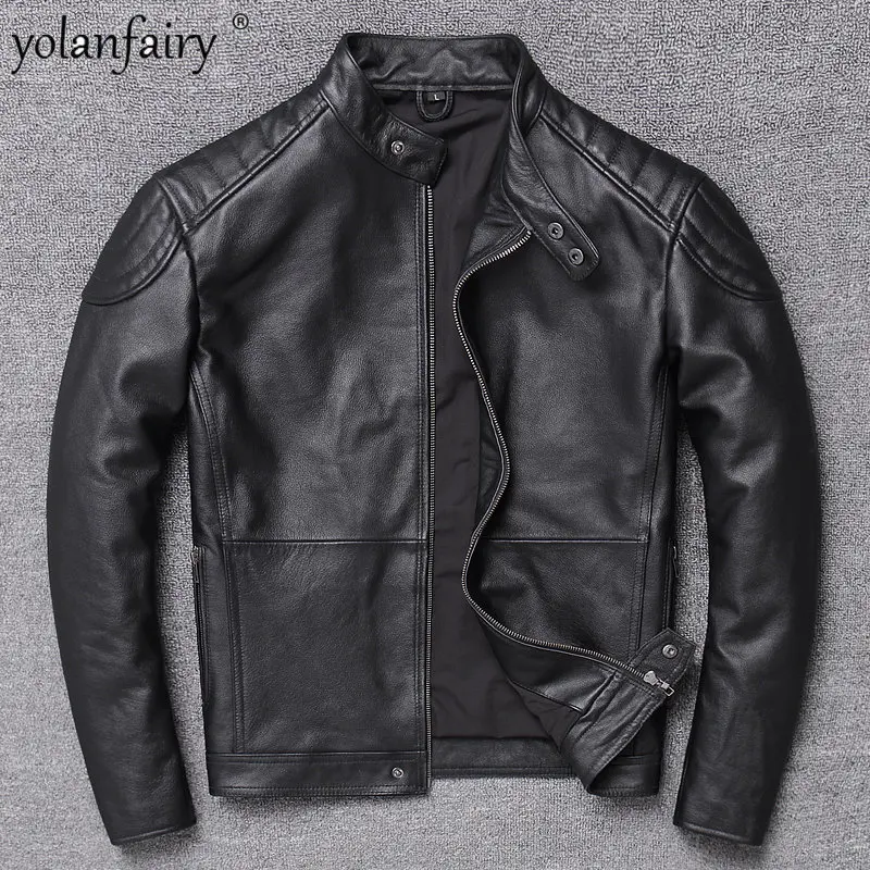 

YOLANFAIRY Genuine Leather Jacket Men Top Layer Cowhide Heavy Weight Motorcycle Leather Coat for Men Outwear Fall Winter 2022 FC