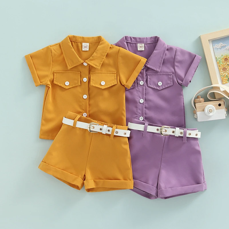 

Baby Girl Summer Clothes Set 9 Month-4 Years Infants Casual Solid Color Short Sleeve Button Shirt and Shorts with Belt Outfits