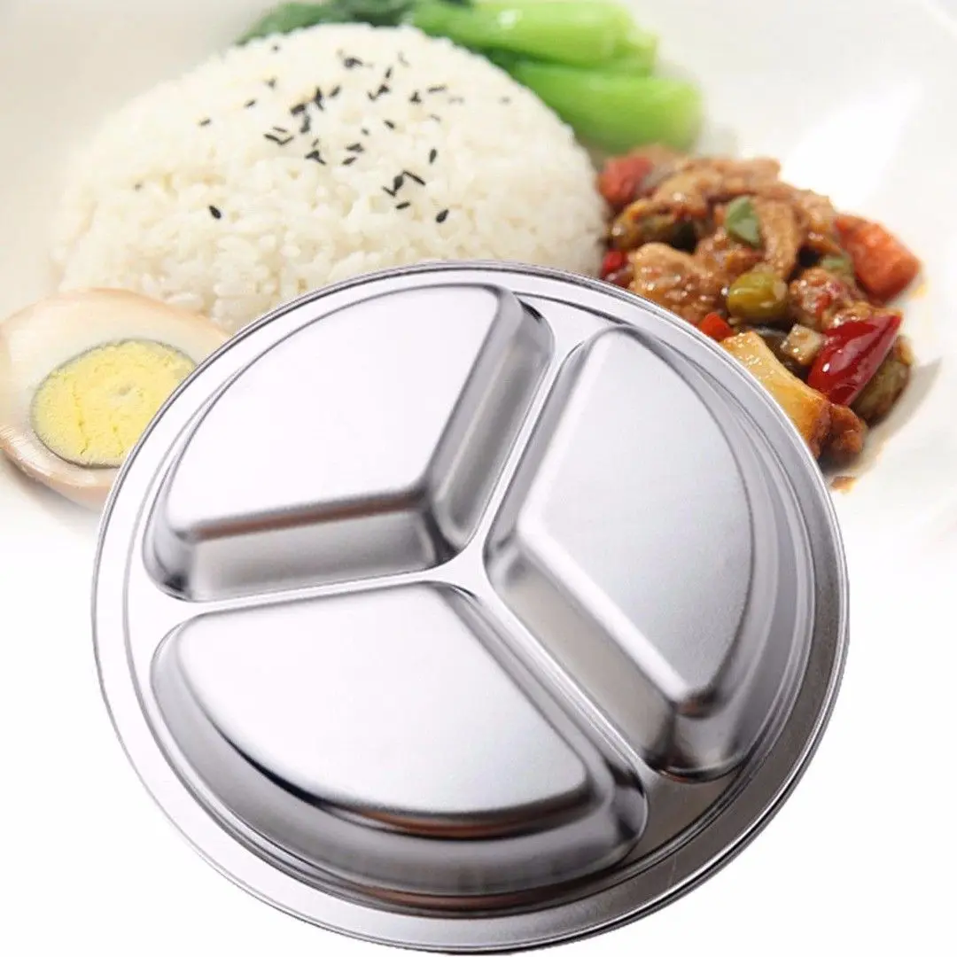 

Divided Dish Stainless Steel 3 Sections Round Divided Dish 22/24/26cm Snack Dinner Plate Dinnerware Serving Dishes