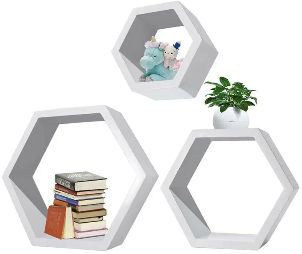 

3Pcs Set Floating Wood Shelf Honeycomb Wooden Wall Shelves Hexagon White Storage Rack Bookshelf Geometric Decor Gift