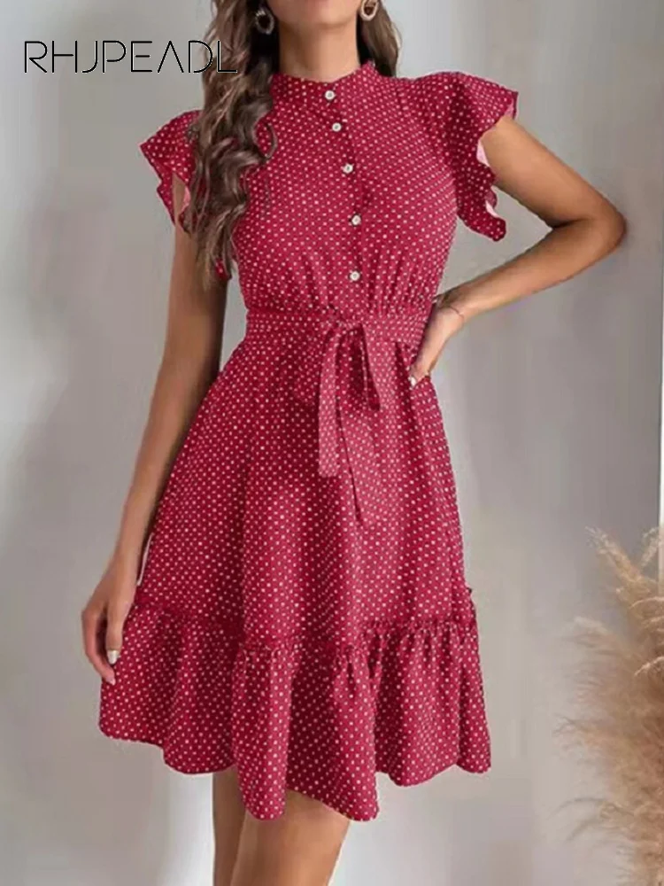 

Женское Повседневное платье в горошек, элегантное офисное платье на пуговицах без рукавов, с поясом и оборками, лето 2022