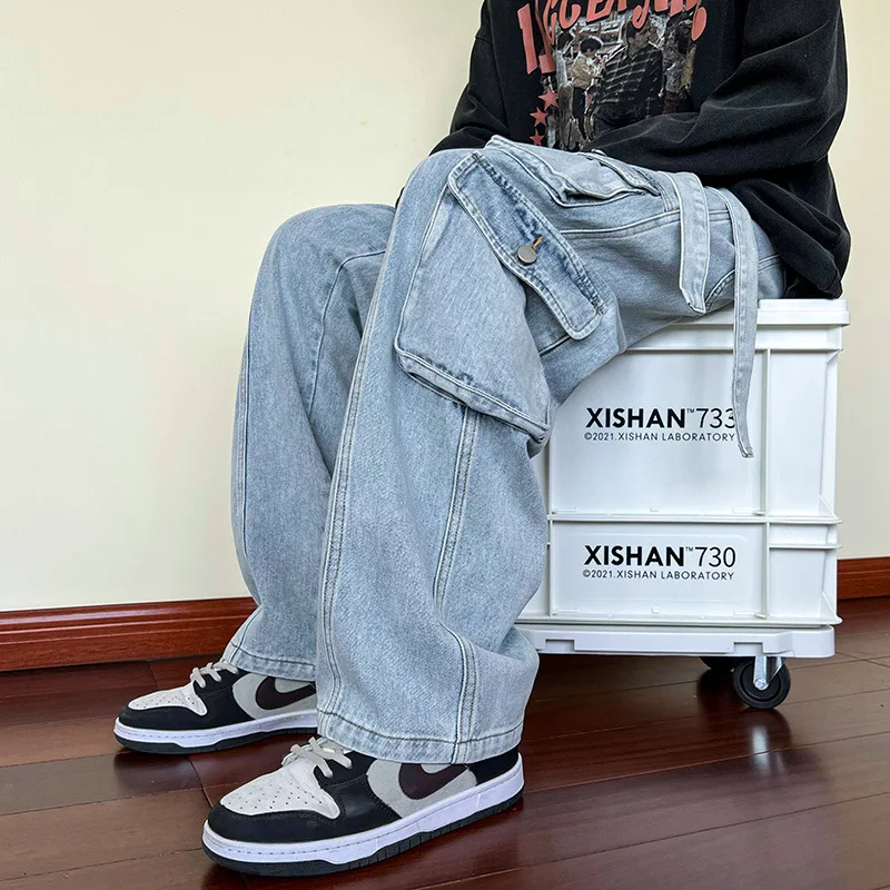 2023 New Men Cargo Jeans Wide Leg Pants Multiple Pockets Baggy Denim Trousers Hip Hop Streetwear Skateboard Neutral Male Clothes