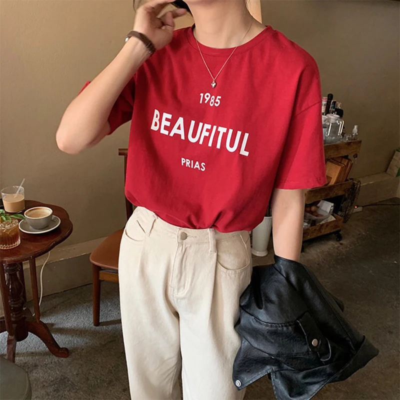 

ColdYingan Summer Vintage Letter Printed Tshirts Women Simple Harajuku Woman Fashion Clothing Oversized Short Sleeve Female Tops