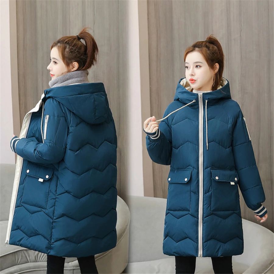 Oversized 4XL Hooded Mid-length Cotton Padded Coat Women Loose Warm Thicken Parka Fluffy Overcoat Snow Wear Korean Solid Outwear