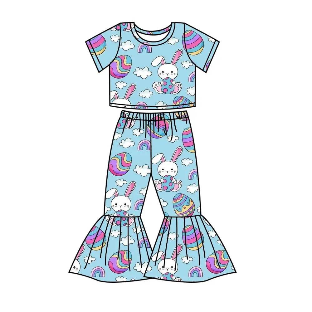 

Лидер продаж, детская одежда в стиле «бутик», костюм для девочек с коротким рукавом и принтом в виде кроличьего яйца, расклешенные брюки