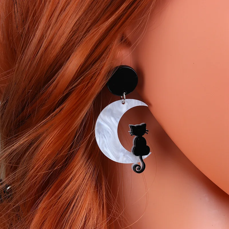 

VSnow Statement Geometric Arcylic Moon Black Cat Dangle Earings for Women Exaggerated Animal Earings Jewellery Accessories