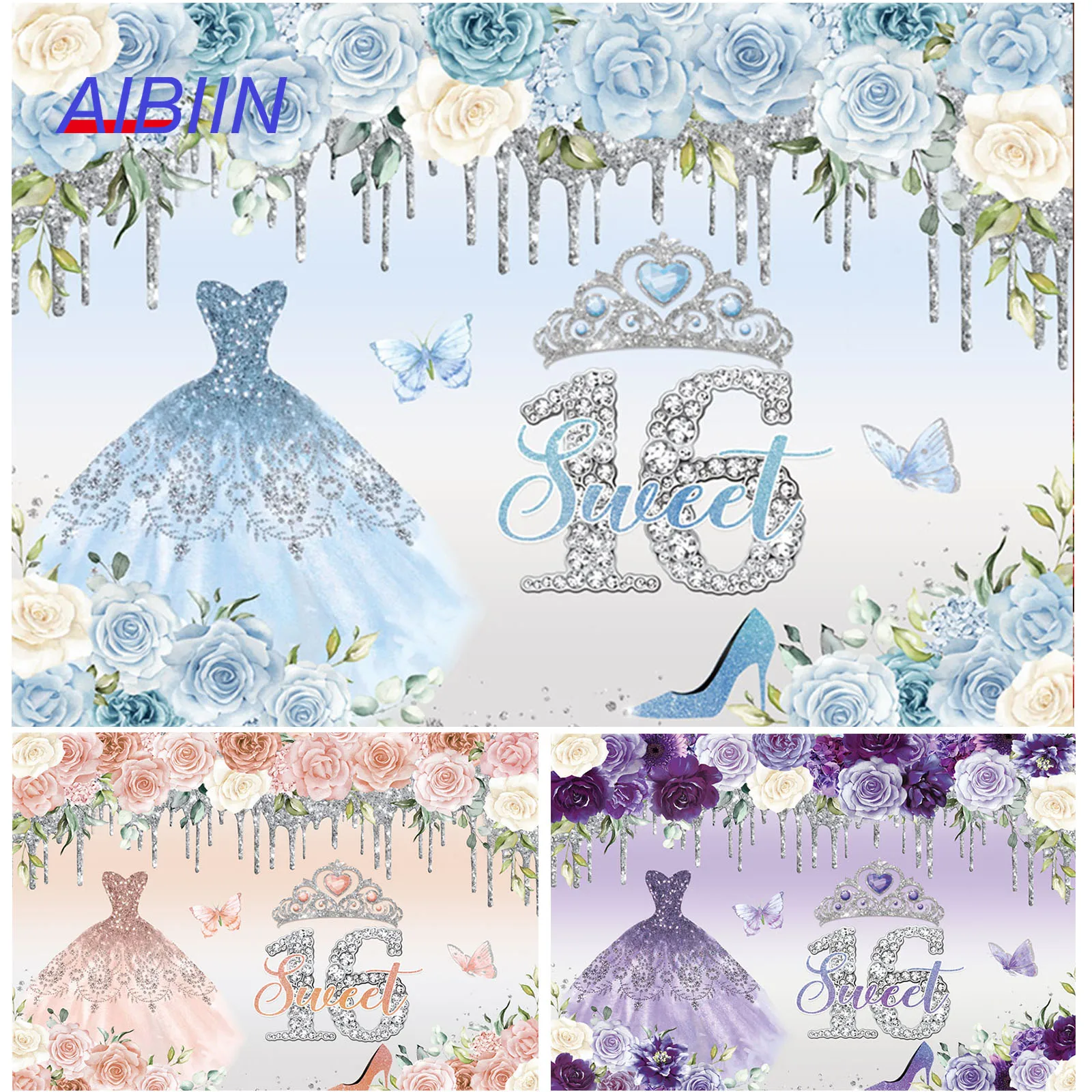 Сладкий 16 День Рождения Фон Цветы Блестящие Платья Бриллиантовая Корона Сладкие