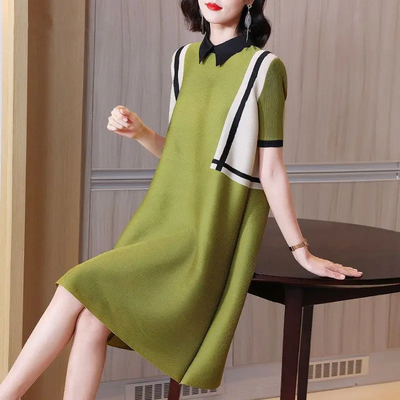 

New Fashion Dress Contrast Tonle Style Loose Skirt POLO Collar Pleated Dress Summer 2023 Casual Short Sleeve Dress Female tops