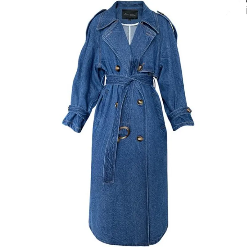 New arrival autumn vintage denim trench coat women double breasted loose casual long outwear