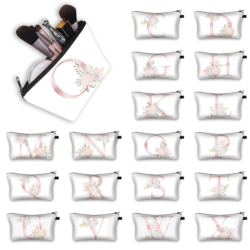 

26 Letter Cosmetic Bag Storage Bag Digital Flowers Alphabet Printed Makeup Clutch Bag Wash Bag Travel Pouch Polyester White