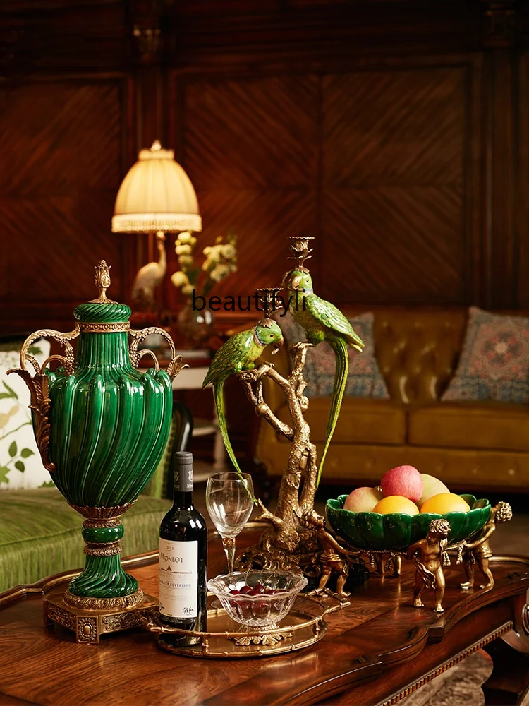 

GY Emerald Ceramic Cover Jar Vase Fruit Plate European Style Temple Jar Living Room Home Storage Entrance Decoration