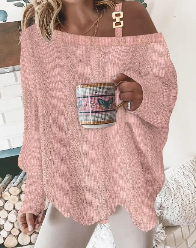

2023 Women's New Hot Selling Casual Fashion Spring/summer Cold Shoulder Chain Decoration Wired Texture Top In Stock