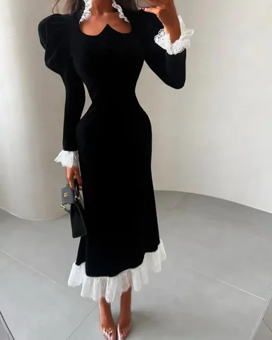 Сексуальное кружевное лоскутное бархатное платье макси женское элегантное платье с воротником-стойкой и пышными рукавами тонкие длинные платья женские вечерние вечерние платья