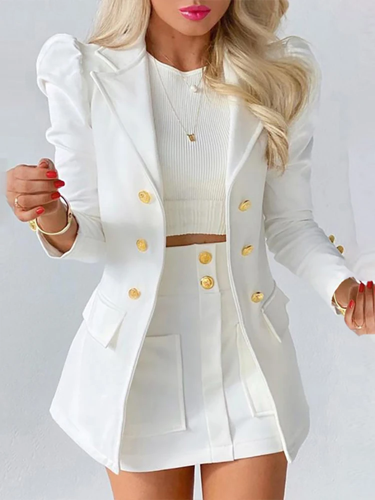

Ladies Office Basic Elegant Two Piece Set 2022 Women Solid Double Breasted Blazer And High Waist Short Skinny Bust Skirts Set