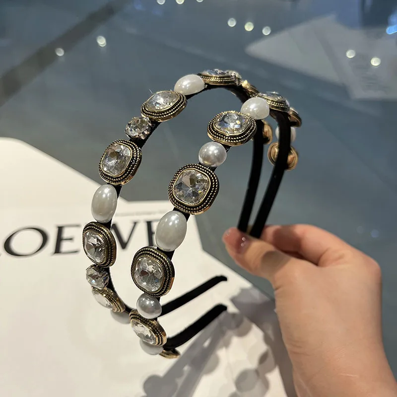 

Retro Baroque Pearl hairband geometric square diamond headdress out hair headband headdress female