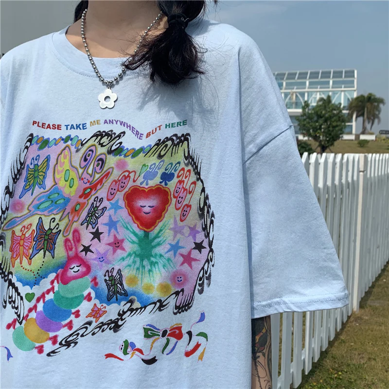 

Милая женская футболка с мультяшным принтом для девочек, уличная одежда в стиле Харадзюку, кавайная Повседневная Свободная модная женская ...