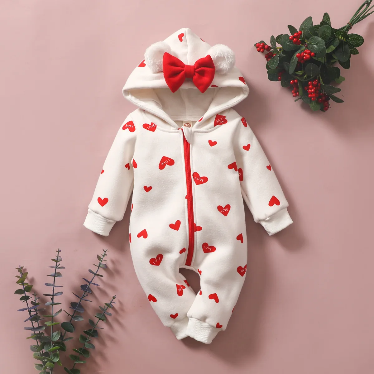 

Baby bow hooded long sleeved love printed zipper Long climbing suit