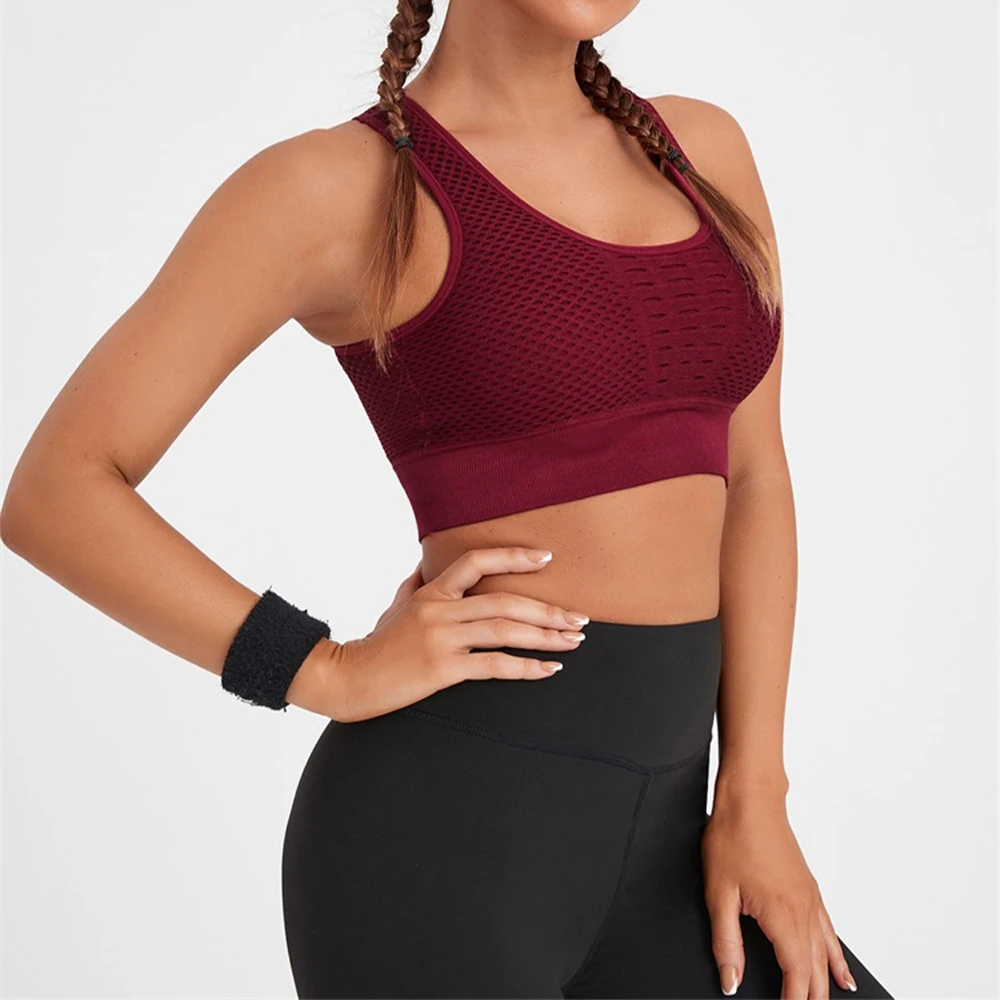 Women's Hollow Mesh Support Cross Back Wirefree  Sport Bra Tops Freedom Seamless Yoga Running Sports Bras