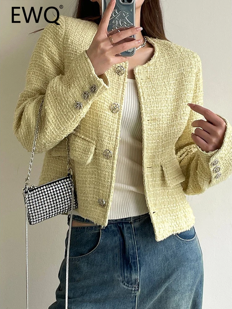 

EWQ Wool Temperament Short Jackets For Women Solid Round Neck Single Breasted Long Sleeve Elegant Coat 2023 Autumn New 26D4681