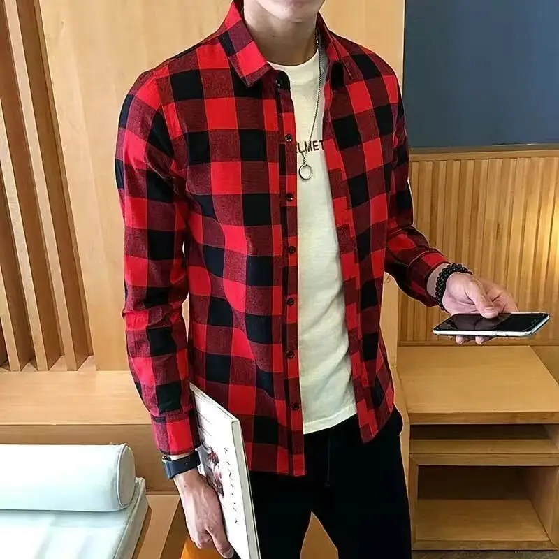 Spring Autumn Korean Plaid Trend Fashion Shirt Man Long Sleeve Temperament Loose Blouse Male All Match Casual Streetwear Clothes