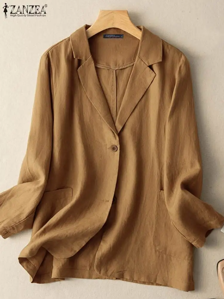 

Women Spring Summer Office Lady Long Sleeve Outwears ZANZEA Oversize Cotton Blazer Loose Tops Casual Solid Lapel Daily Work Wear