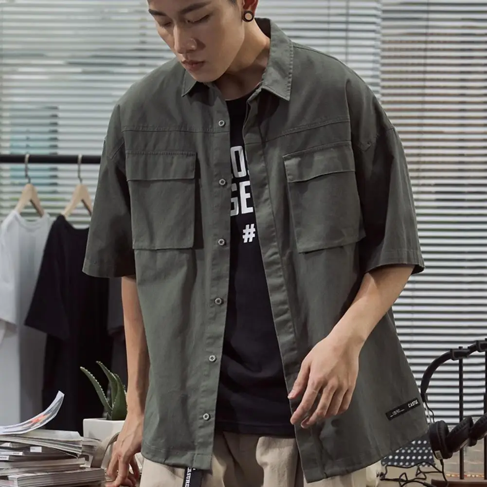 

Однотонная винтажная рубашка из хлопка с пуговицами и карманами