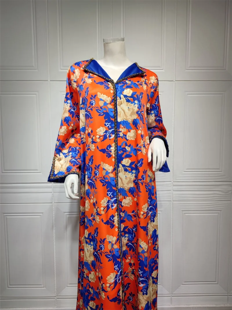 Dubai Abaya Luxury For Muslim Women Diamonds V-Neck Long Dresses Elegant Casual Floral Print 2023 Spring Maxi Dress Wear Ramadan