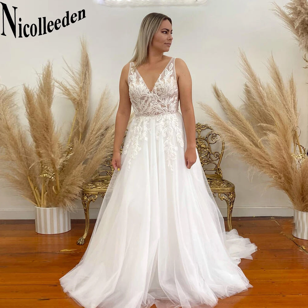 

Nicolle Vintage Sleeveless Wedding Dresses 2023 Bride V-Neck Backless A-LINE Lace Appliques Tulle Court Train Robe De Mariée